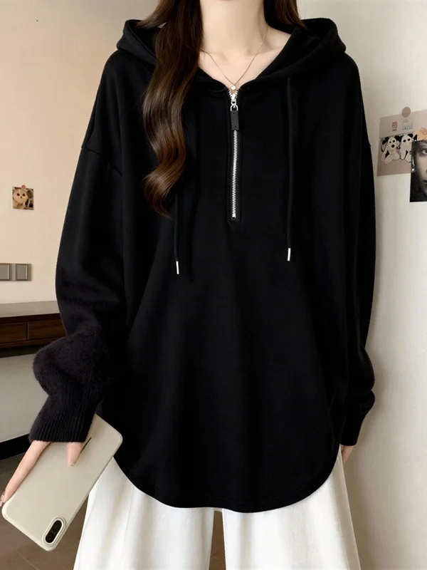 

Худи женское из чистого хлопка больших размеров, с длинным рукавом, на молнии, весна 2026, стройнящее, скрывающее, универсальное, женская толстовка