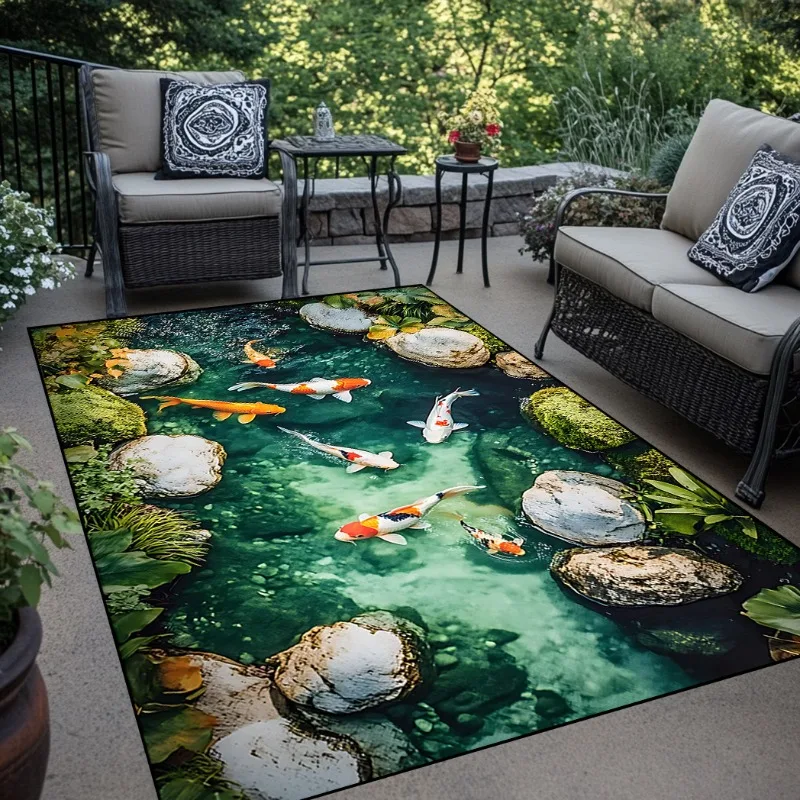 1pc Area Mat Japanese Koi Fish & River Stones Design for Patio, Living Room, Bathroom Modern Home Decor, Patio Decoration