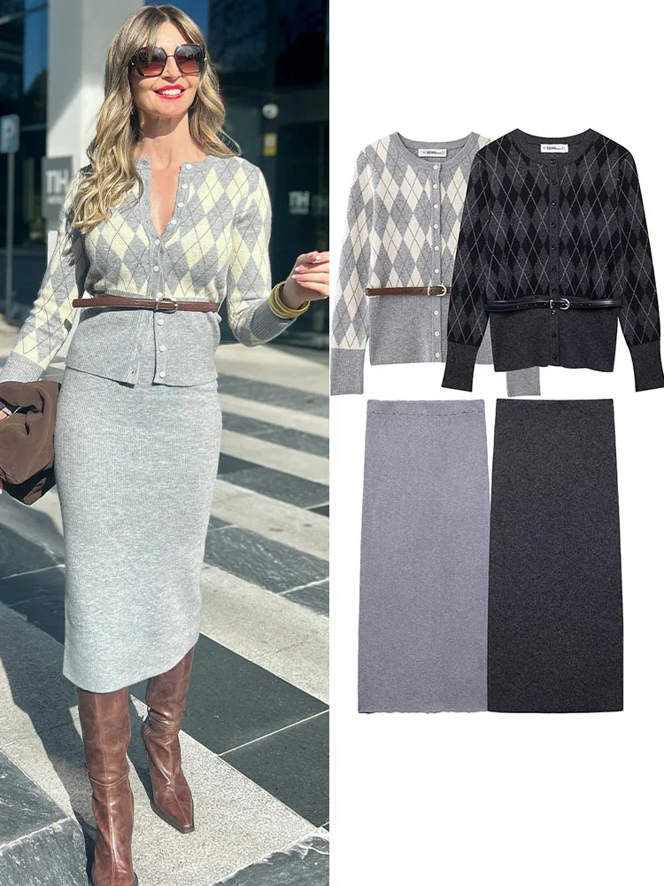 

TRAFZA Women's Fashion Simple Skirt 2-Piece Set Elegant Belted Rhombus Knitted Cardigan Sweater+High Waist Flat Hem Slit Skirt