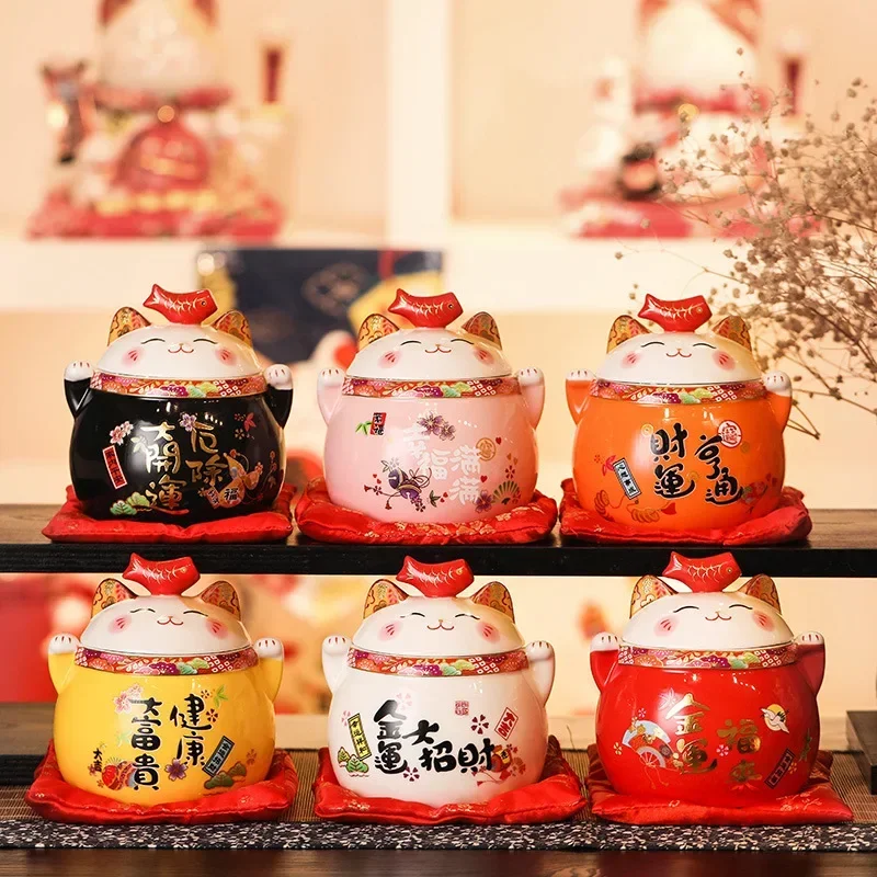 6 Inch Ceramic Maneki Neko Ornament Home Decoration Lucky Cat Figure Tabletop Candy Dish Cookie Canister Koi Fish Lid