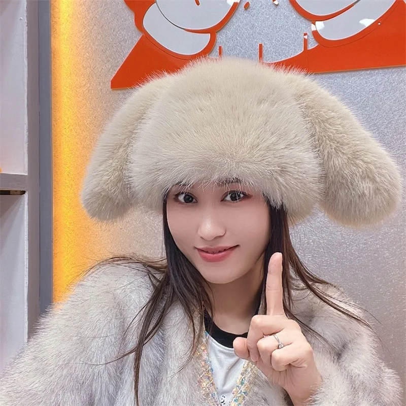 Winter Warm Brimless Fur Bonnet Women Oversize Earflaps Fluffy Faux Fur Hats Fashion Furry Fur Cotton Hat Solid Color Hats