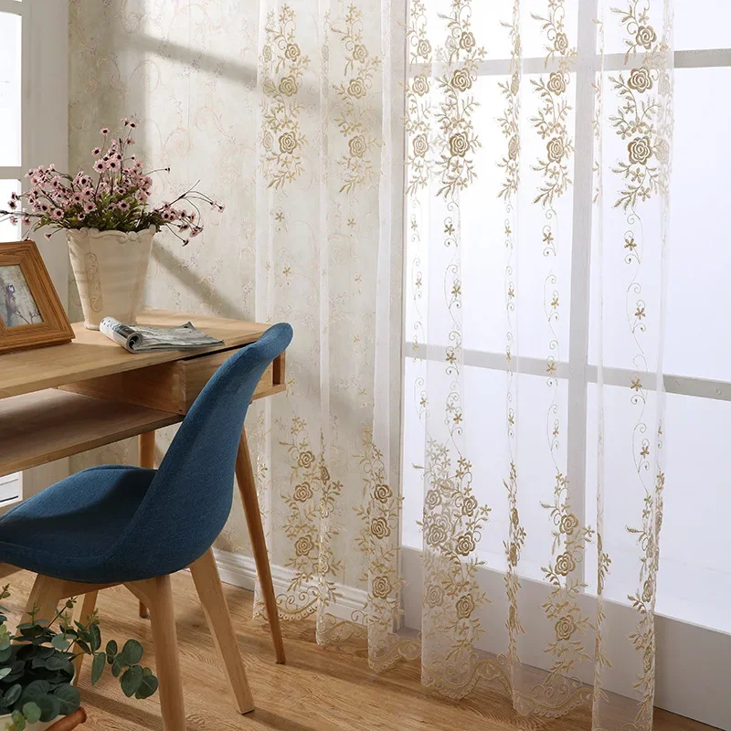 European Golden Luxury Sheer Tulle Curtains For Kitchen Beige Window Curtain Embroidered Drapes For Living Room Bedroom Cortinas