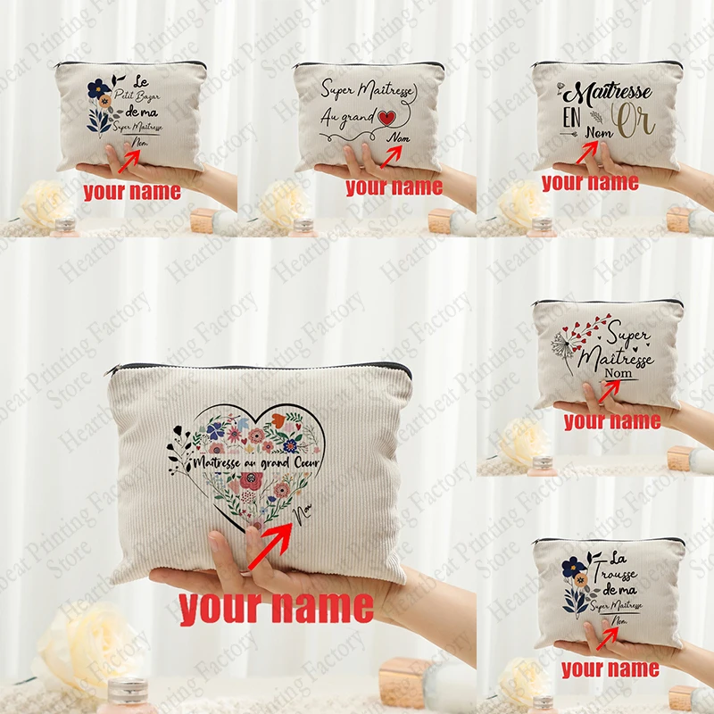 Velours Côtelé Trousse Toilette Personnalisée Pour Maîtresse Cadeau Fin Année Scolaire 2024-2025 - Motif Fleurs Cœurs Éducatrice