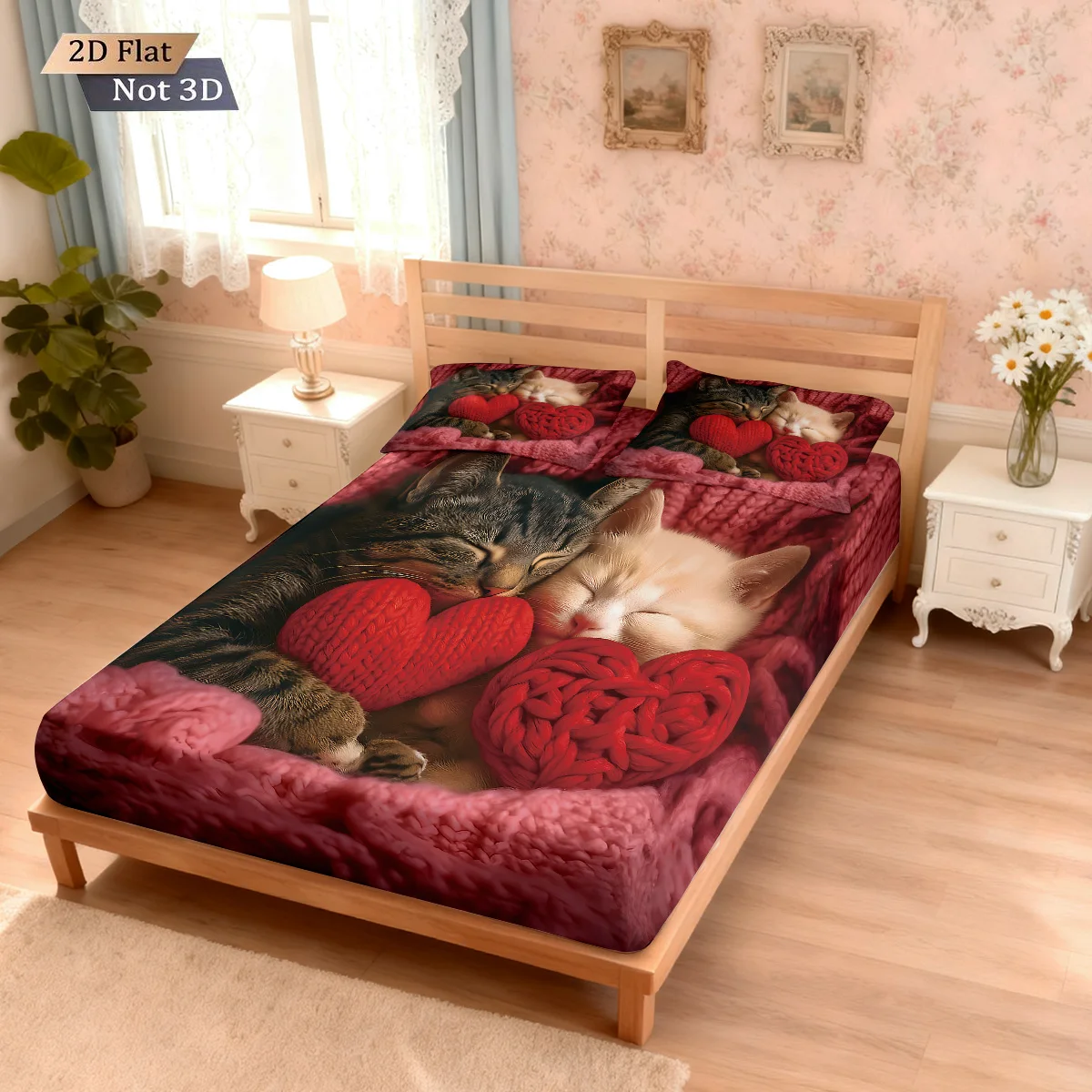 3 قطع من ملاءات السرير الرومانسية اللطيفة المطبوعة على شكل قطة لعيد الحب، مجموعة متعددة الحجم لتزيين غرفة النوم وقابلة للغسل في الغسالة