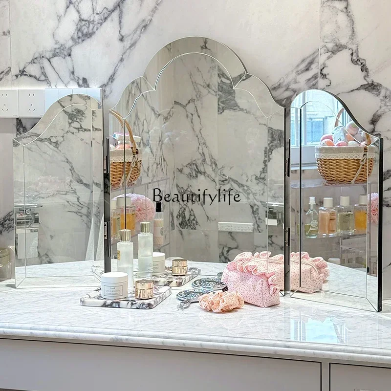 03.z.LAmerican retro vanity mirror European bathroom wall mounted vanity table desktop triple folding vanity mirror