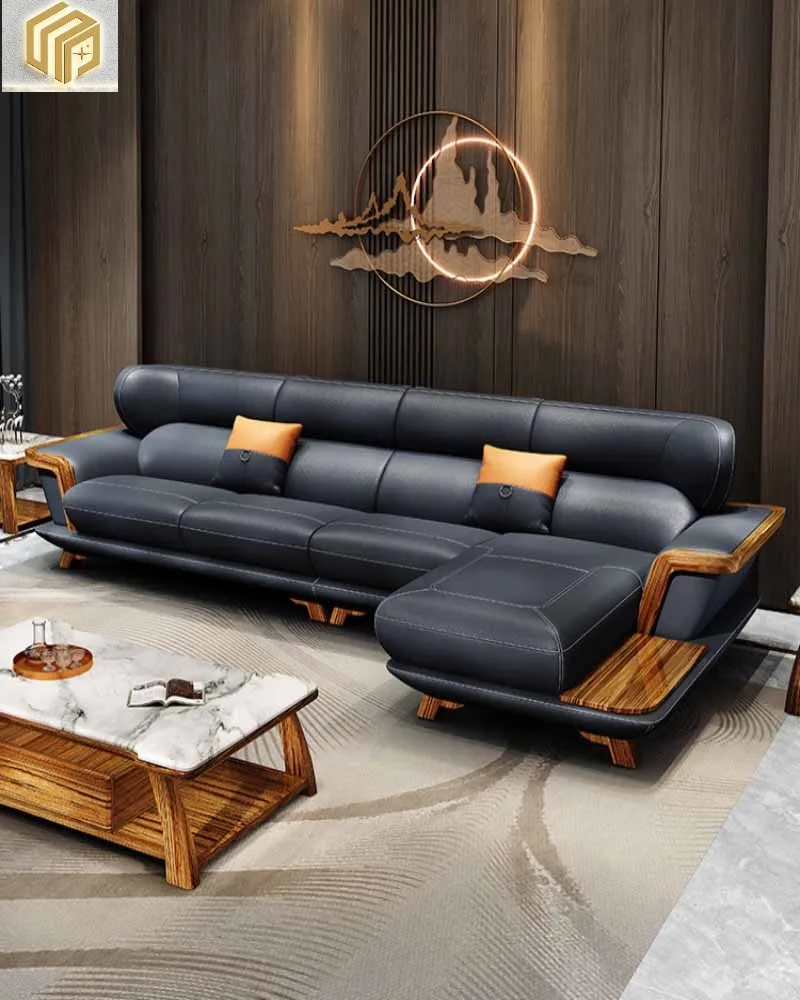 Genuine leather corner luxury sofa Nordic minimalist small unit solid wood living room L-shaped combination