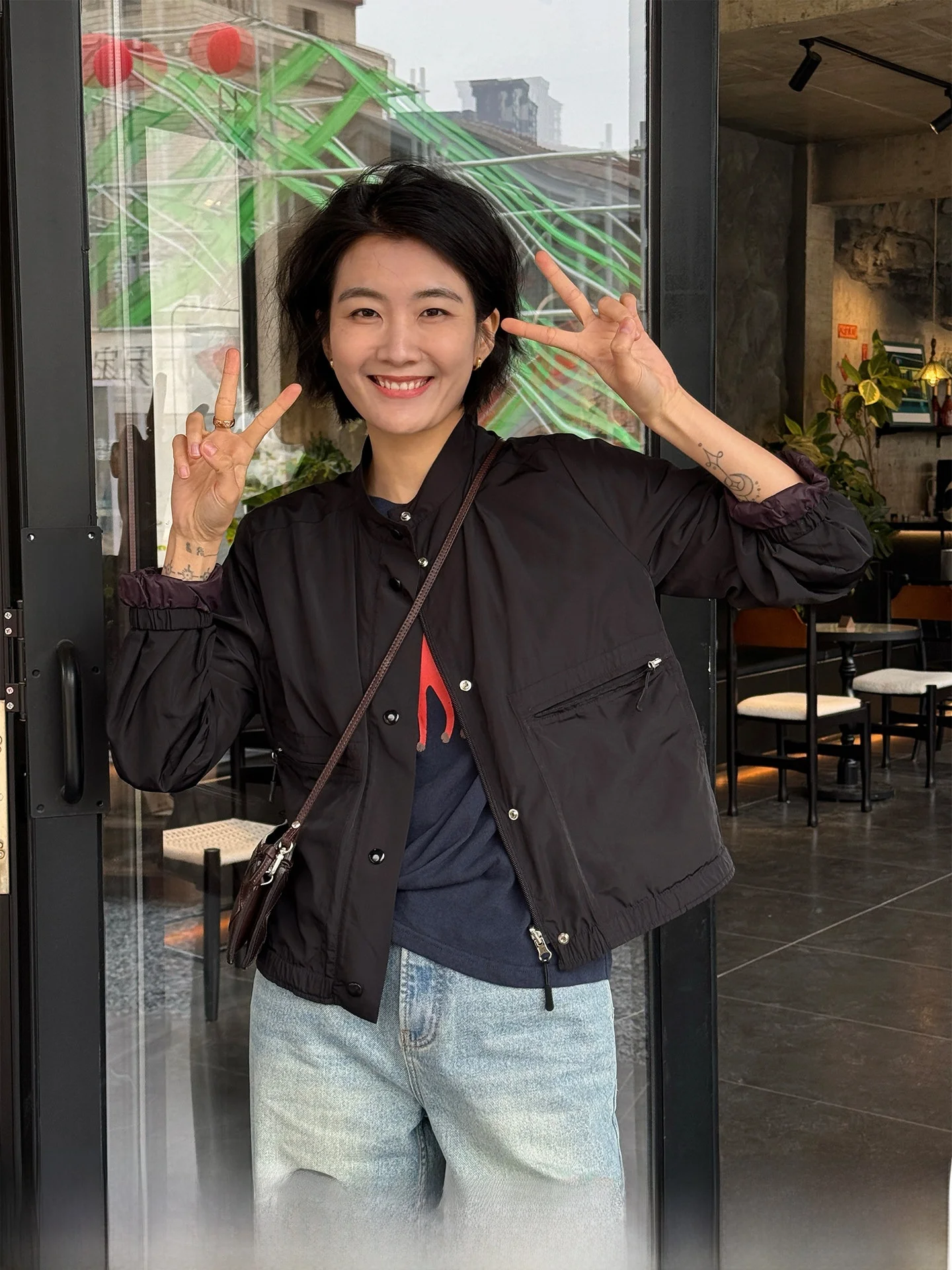 

Black Double-Sided Wearable Stand Collar Jacket Short Women's Outerwear Spring New Style Langqing Tong Commute Style Loose Fit