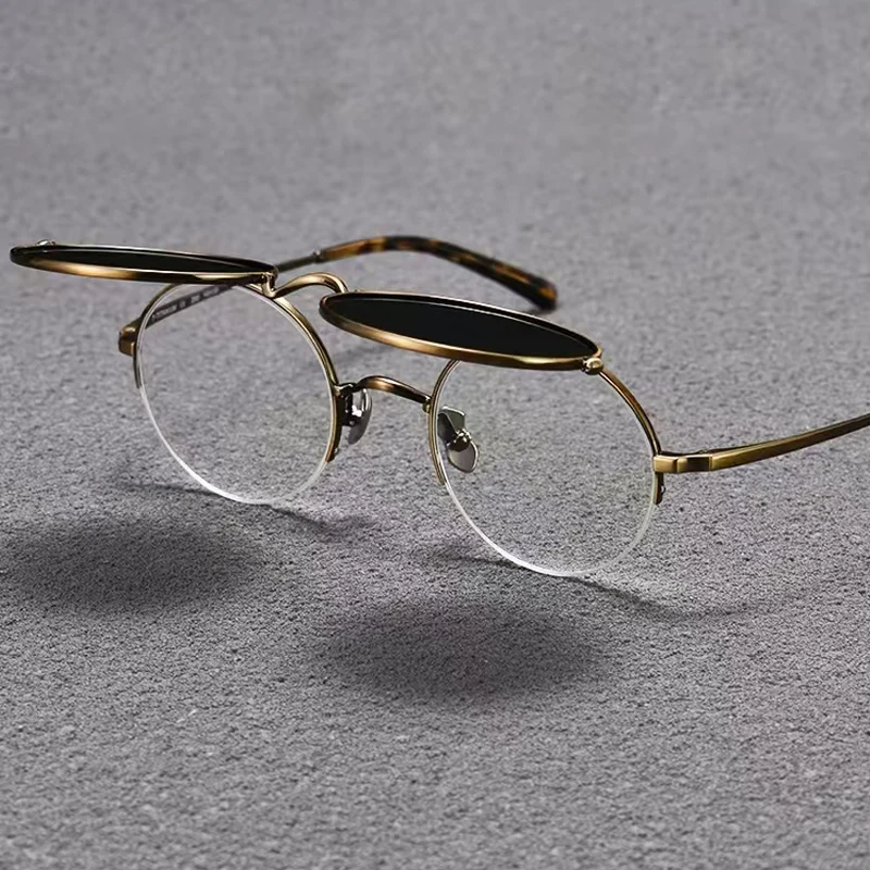 Retro round pure titanium UV400 polarized light clip sunglasses with anti UV and anti reflection flip vintage glasses with 4lens