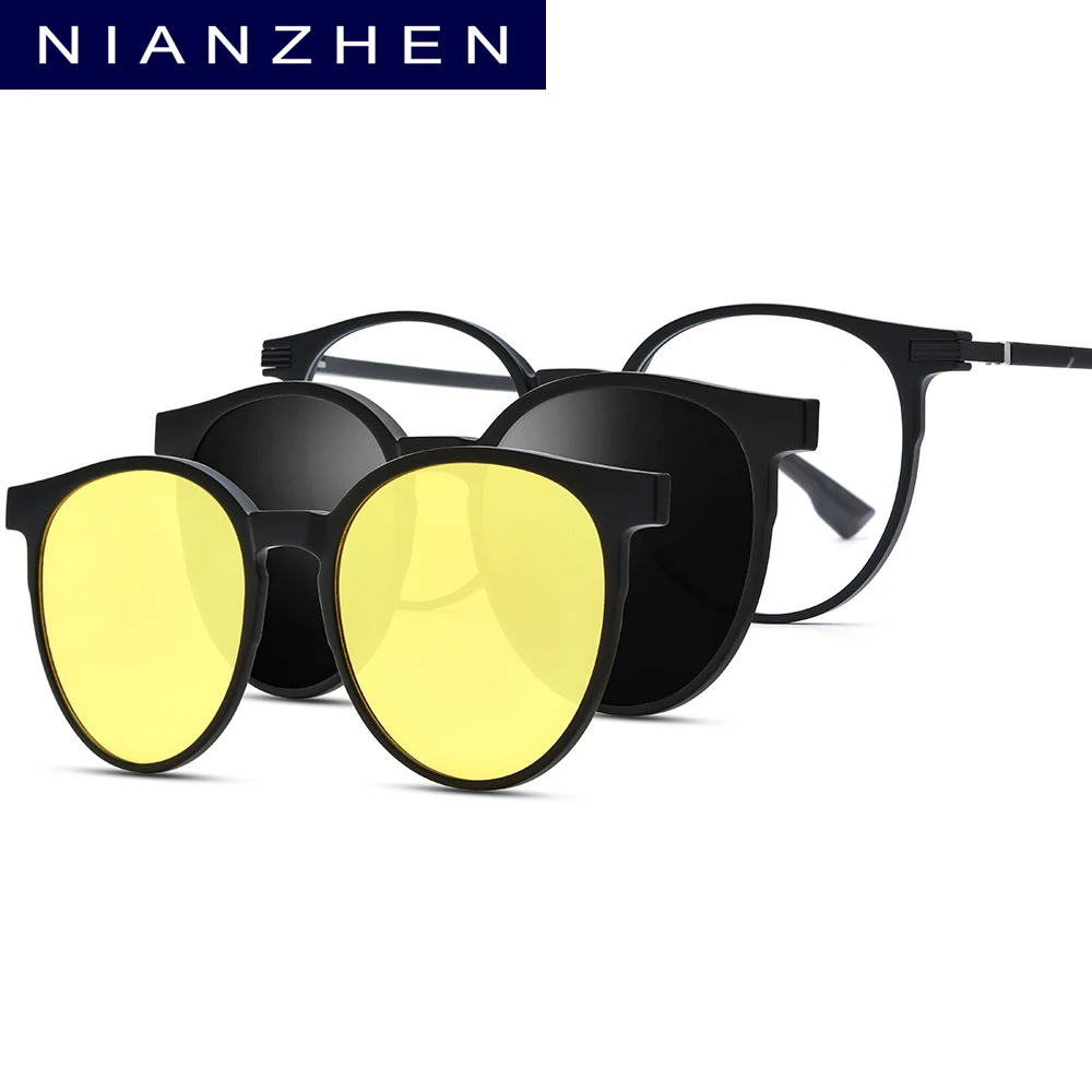 NIANZHEN TR90 Alloy Glasses Frame Men Round Magnet Clip Eyeglasses Night Vision Polarized Lens Women Ultralight Eyewear 9016