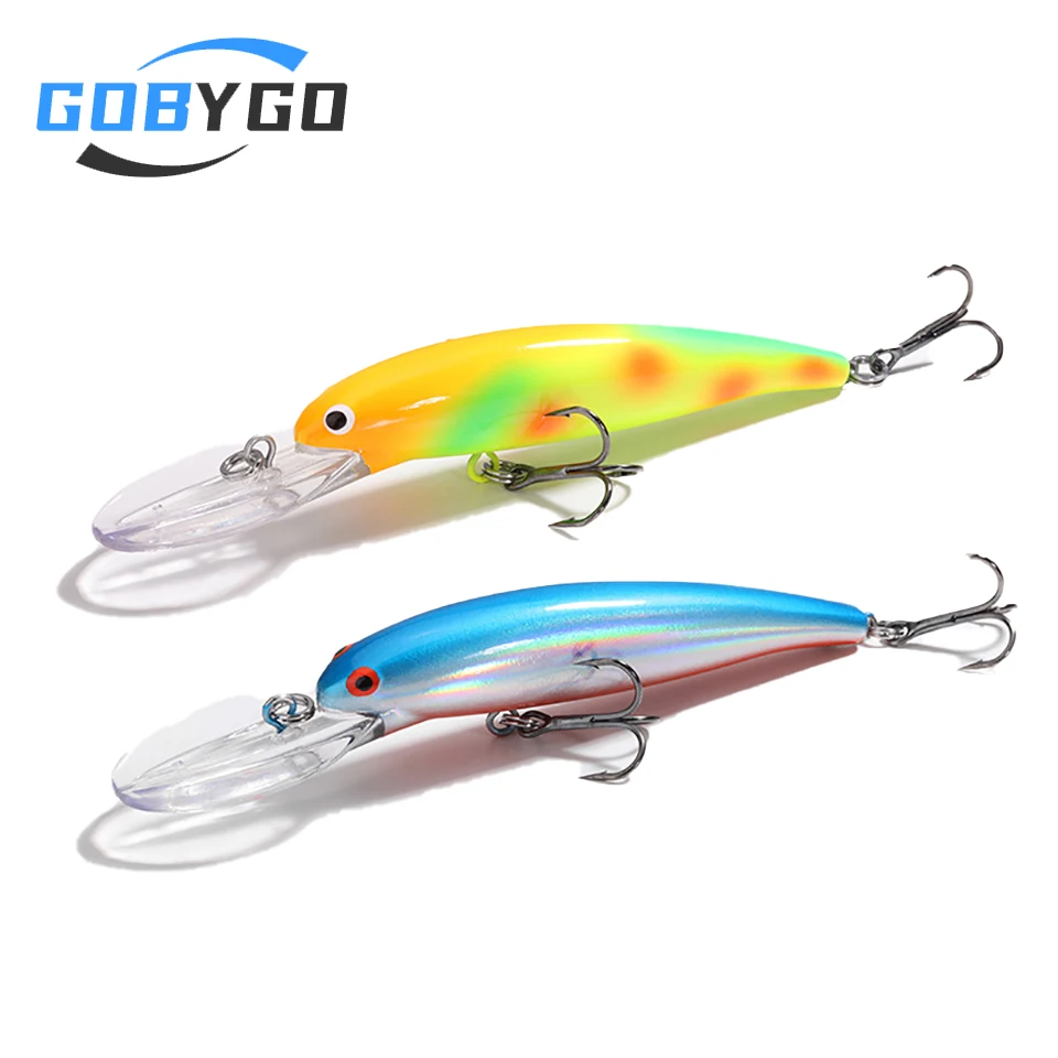 GOBYGO-Señuelos de Pesca de tiro largo para pececillos, anzuelos duros de buceo profundo, señuelos de lubina Wobblers, anzuelos dobles, aparejos de pesca, 90mm/12g