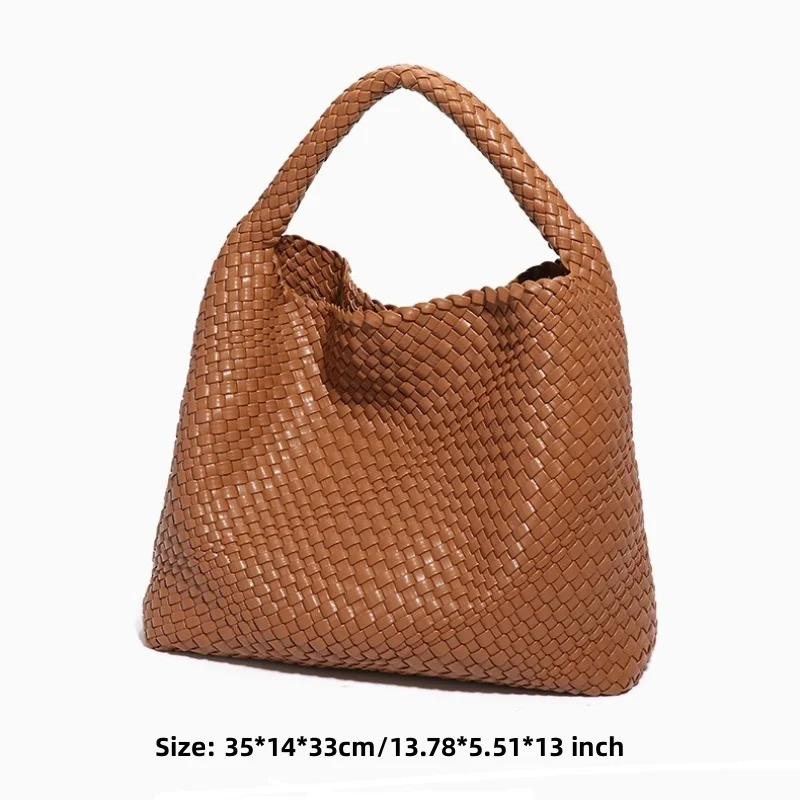 New Woven Bag for Women Vegan PU Leather Tote Female Large Summer Beach Travel Handbag and Purse Retro Handmade Shoulder