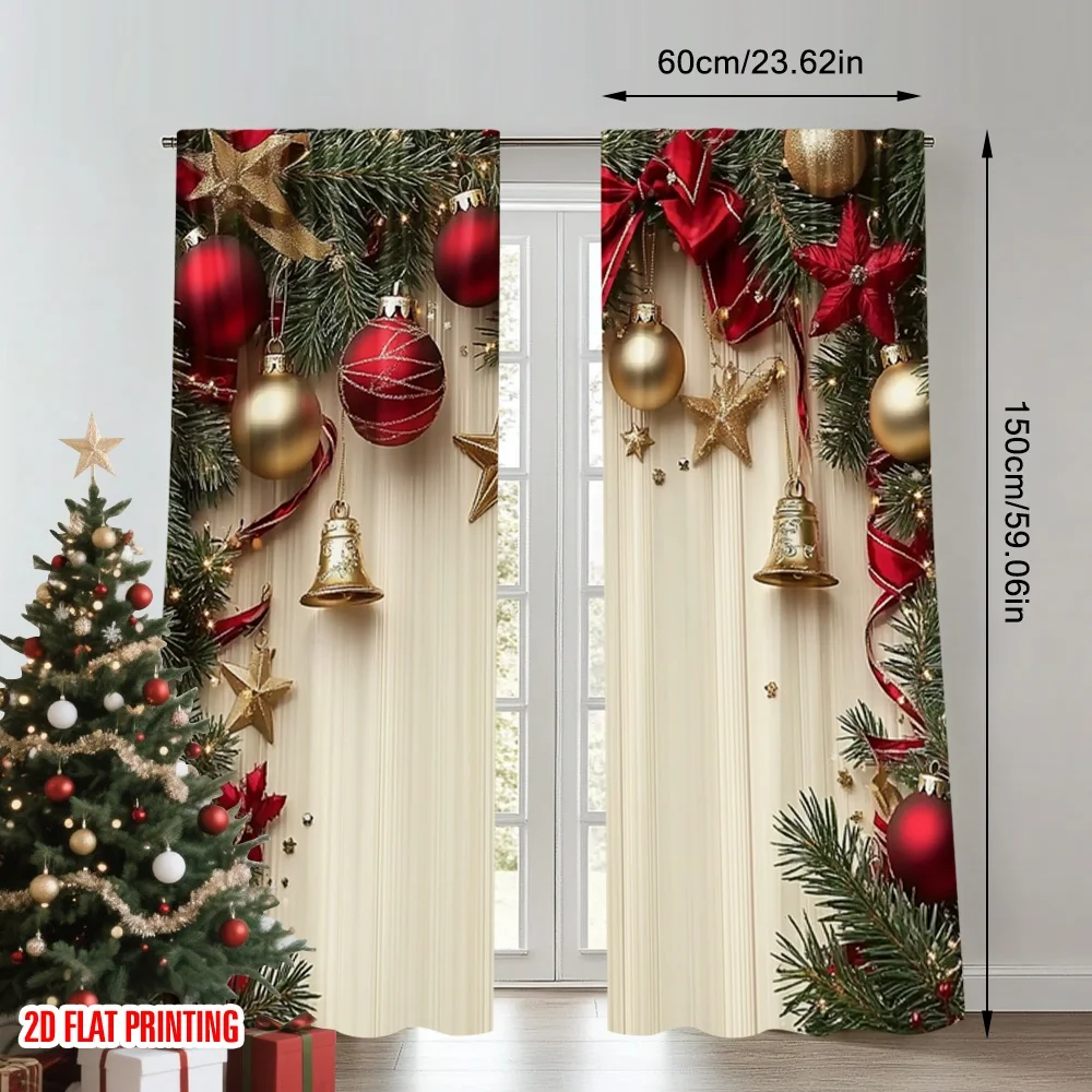 2pcs 2D flat printing Christmas Window Curtains Stars and pine branches 100% Polyester Fabric Without Electricity Festive Wall