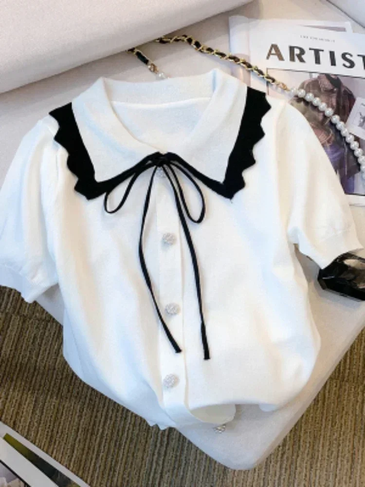 Women Short Sleeve With Lace Up Contrast Trim - Women Clothing Bow Tie T-shirt With Doll Neck And Ice Silk Knit Sweater Elegant