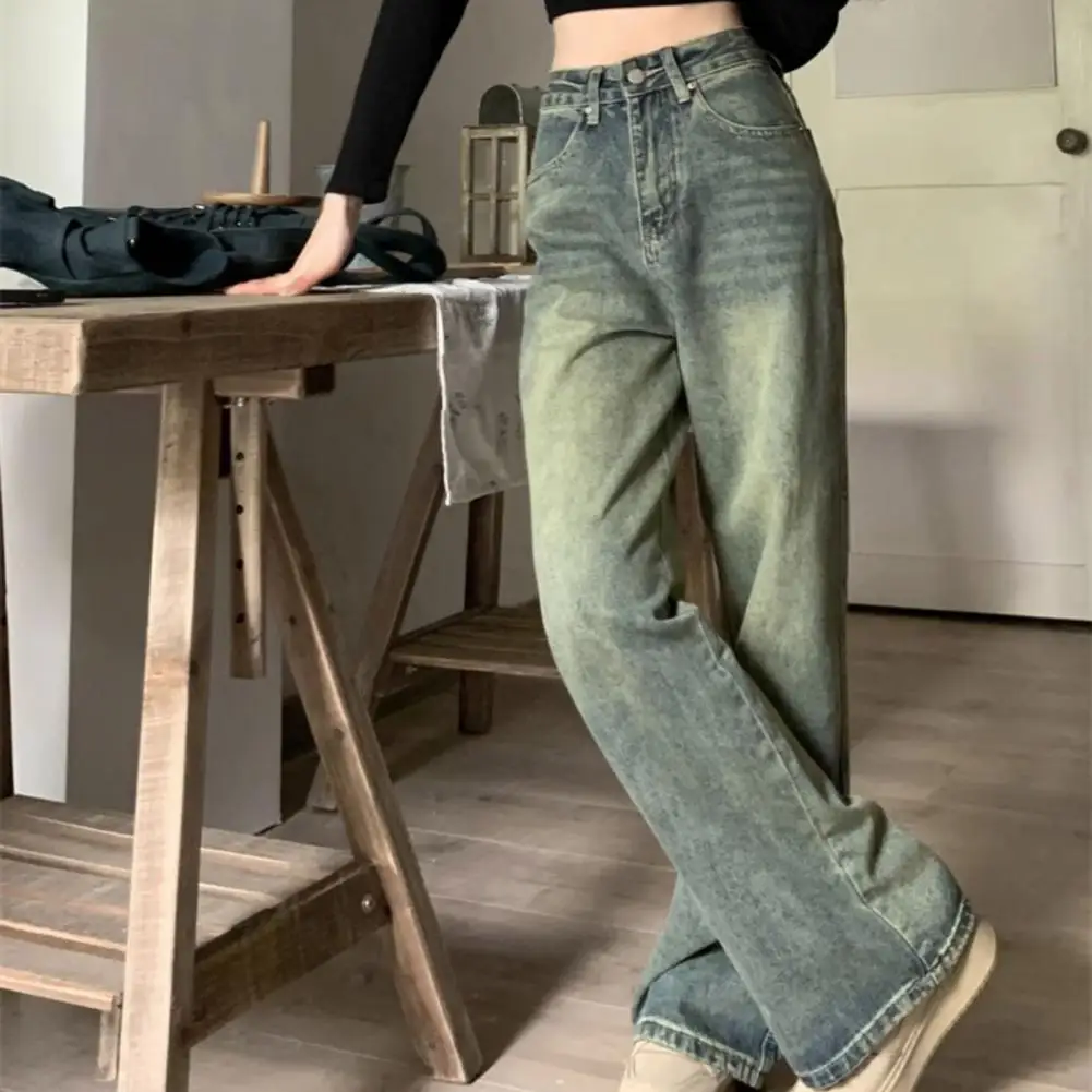 Pantaloni sportivi in Denim da donna pantaloni in Denim da donna a gamba larga a vita alta invecchiati retrò con chiusura a bottone con cerniera per pavimento