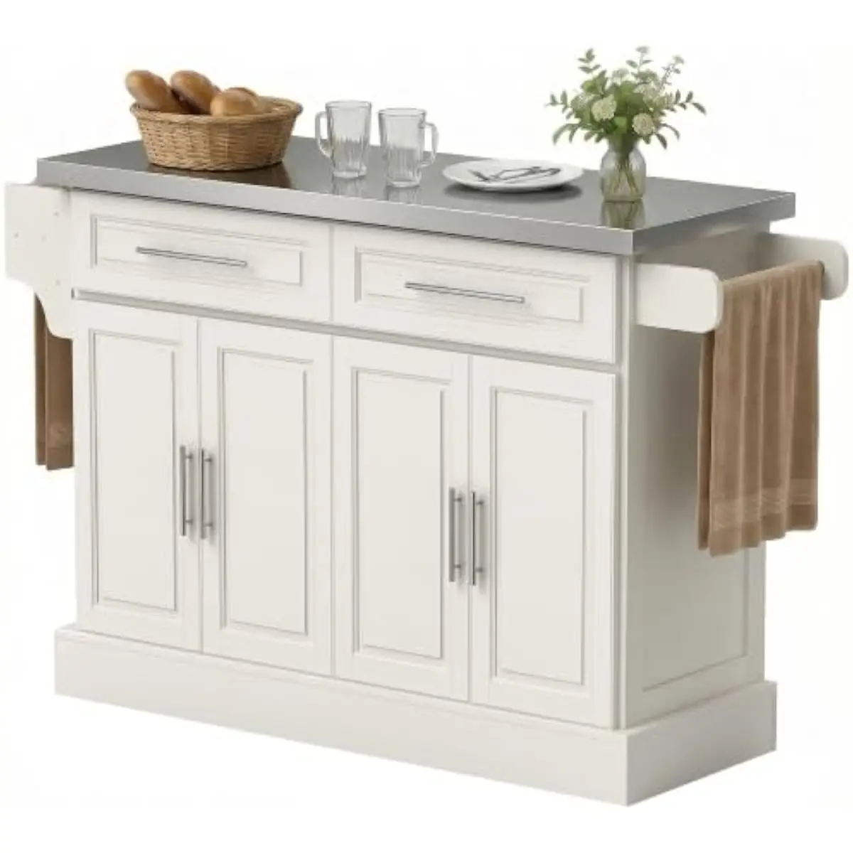 Mobile Kitchen Island on Casters with Stainless Steel Worktop 47.25 x 18 Inches Thick 1.5 Inches Two Drawers Two Cabinets Adjust