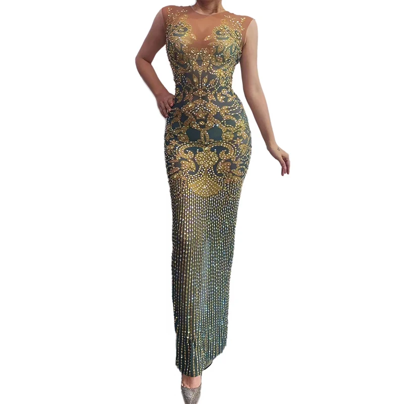 

Transparent Gold Bead Printed Elegant Flashing Rhinstone Celebrate Bar Singer Outfit Women Dancer Birthday Photography Dress