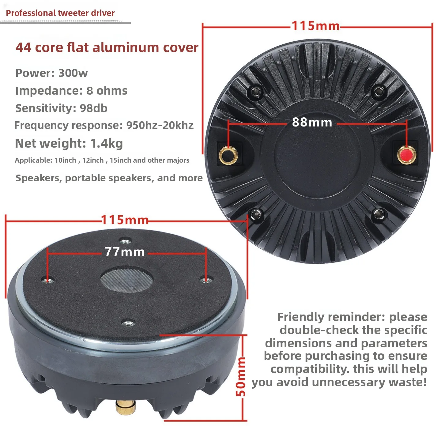 MW Audio, 1 stuks, compressie-element voor hoornluidspreker, 34,4/44,4/51 mm, aluminium behuizing, hoogfrequente tweeter voor podiumluidsprekers.