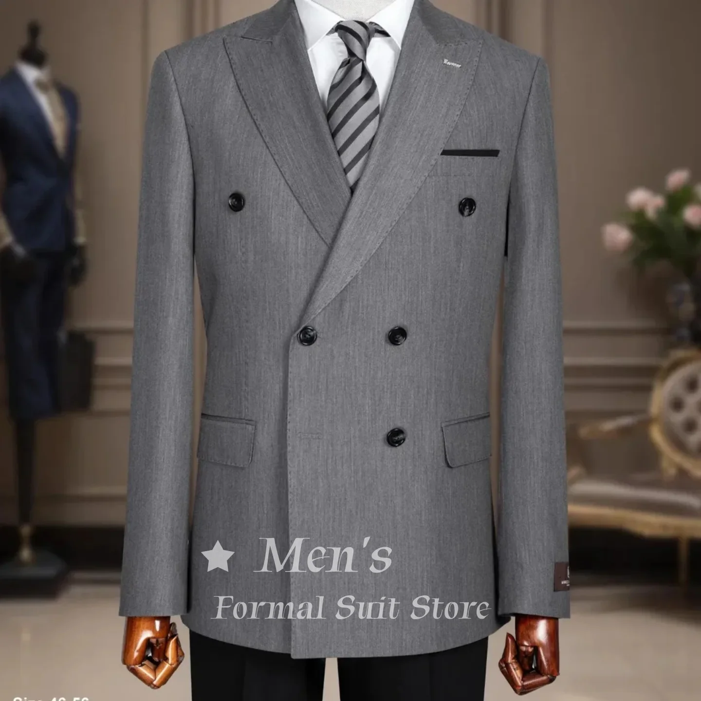 

Luxury Men's Navy Blue Double Breasted Suit Peak Lapel Slim Fit Blazer Formal Business Wedding Groom Prom Tuxedo Customized