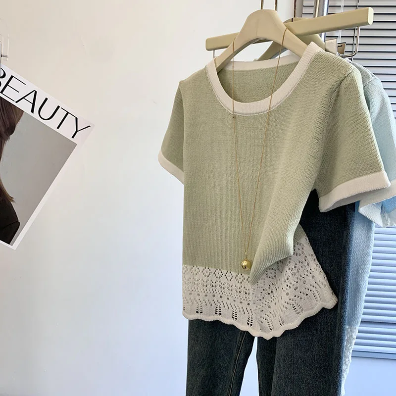 Women's Knit Top with White Crochet Hem, Short Sleeve Color Block T-Shirt, Hollow Out Scalloped Hem Casual Summer Tee