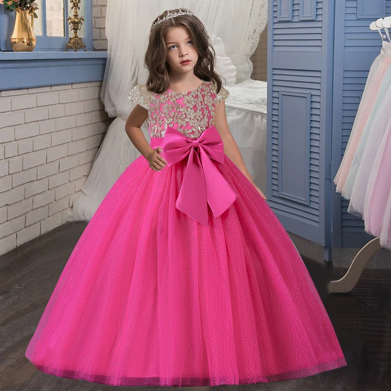 Girls Long Pink Wedding Dress Lace embroidered flower Party Tulle Princess Birthday Dress First Communion Gown for Girls