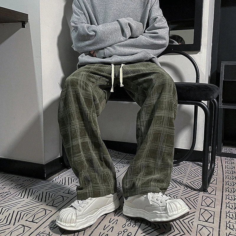 

Chic Oversize Plaid Wide Leg Pants Men's Casual Trousers Youthful Style Winter Fashion Trendy Straight Cut Long Workwear