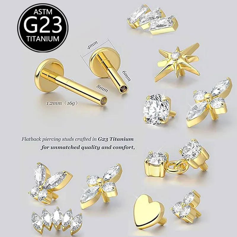 2pcs F136 G23 Titanium Cartilage Earring Internally Threadless Labret Piercing 16G Tragus Helix Daith Piercing Lip Body Jewelry