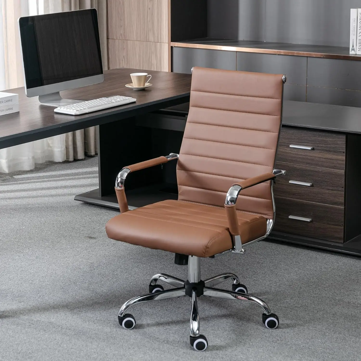 

Okeysen Office Desk Chair, Ergonomic Leather Modern Conference Room Chairs, Executive Ribbed Height Adjustable Swivel Rolling