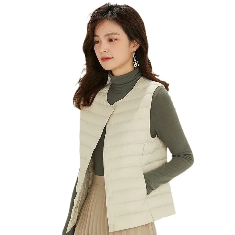 경량 화이트 덕 다운 조끼 여성 짧은 라운드 넥 민소매 이너웨어 퍼퍼 자켓 여성 Зимнее Пальто Женское VT-322