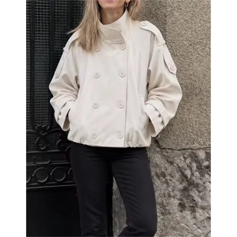 Guobioziy 2026 Classic Commuter Style Fashion Solid Color Short Trench Coat with Epaulette Decoration, Loose-Fit Women's Jacket