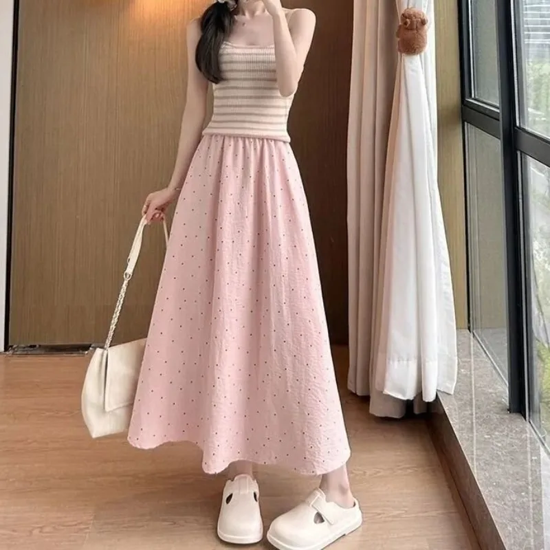 

2025 New Summer Polka Dot Half Skirt Women's High Waist A-Line Midi Skirt Flared Long Skirts Polyester Fiber Short Skirt