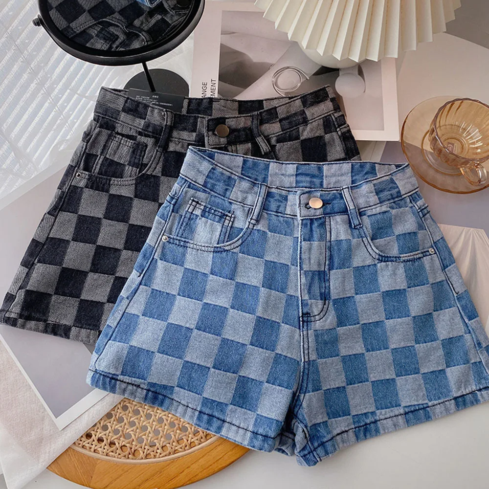 

Street Design sense plaid denim shorts women's spring summer 2022 New Korean Plaid matching high waist wide leg hot pants