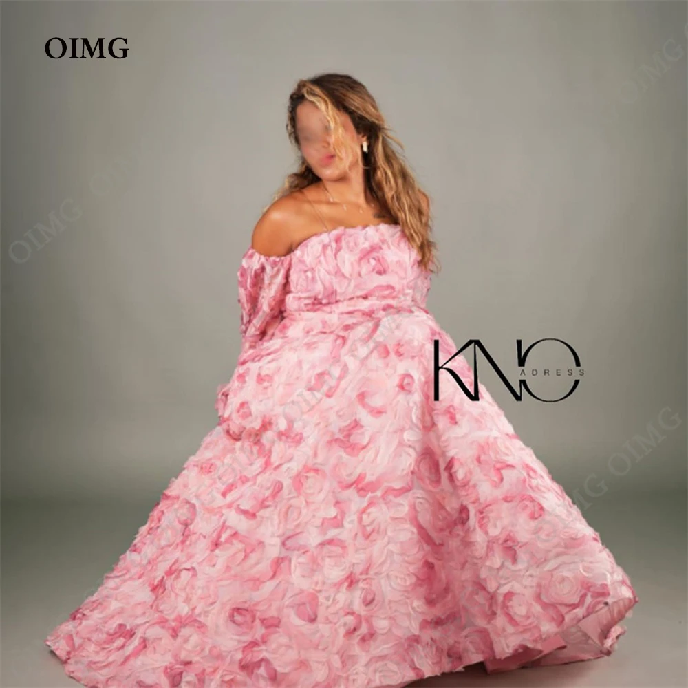 

OIMG Luxury Pink Flowers Evening Dresses Saudi Arabic Long Sleeves A Line Party Formal Club Gowns Occasion Prom Dress 2023