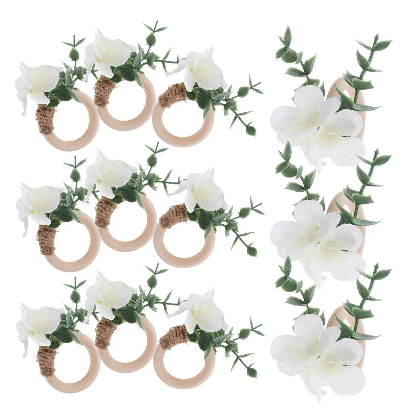 12Pcs Eucalyptus Leaf Napkin Rings Wooden Farmhouse Rustic Napkin Holders with Artificial Flowers for Boho Wedding Decor Spring