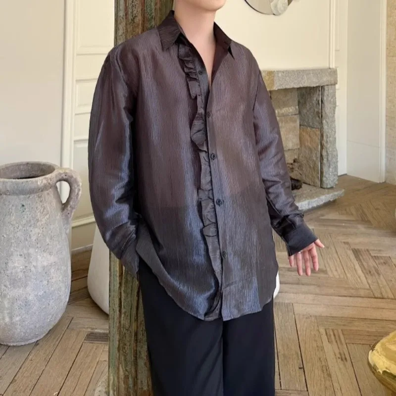 Retro Court Style Long Sleeve Shirt Men's Light Luxury Glossy Finish Loose Casual Shirt Social Performance Shirt Men Clothing