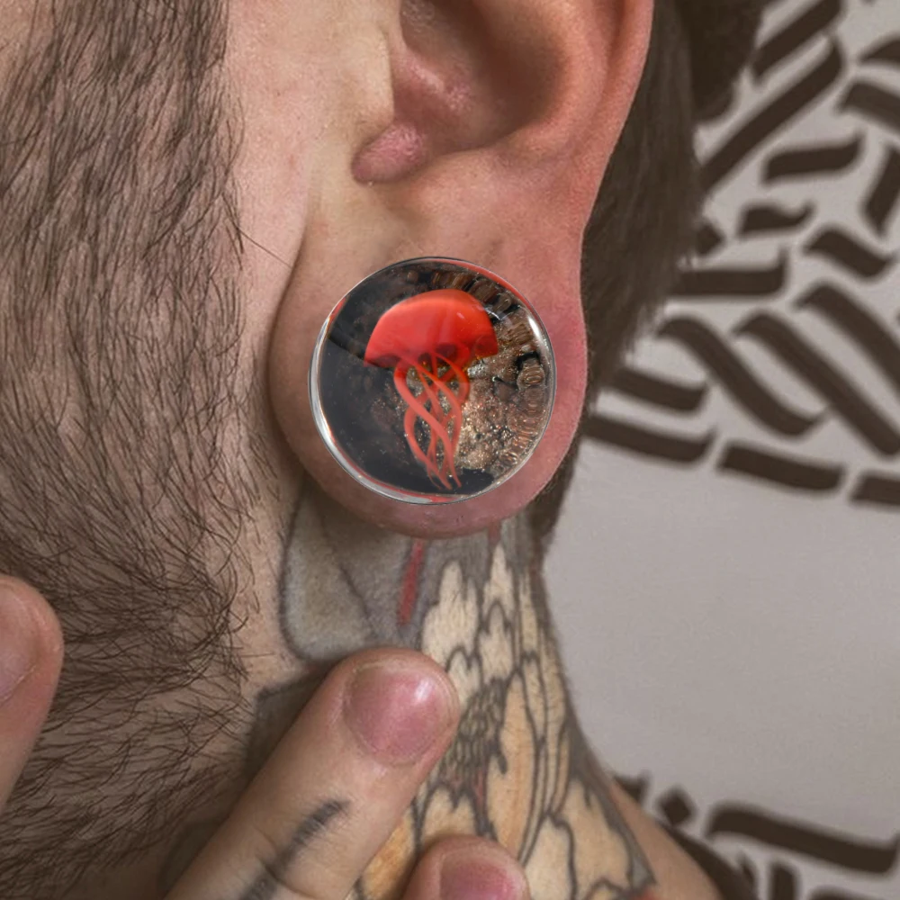 1/2PCS Glass White&Red Jellyfish Rainbow Foil Decorating Solid Waiste Ear Tunnel Expansion Ear Plug Weight Gauge Earring