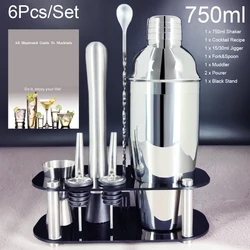 6Pcs/Set Cocktail Shakers with Black Stand Cocktail Recipe, Bartender Kit, Bartending Boston Bar Shakers 750ml(25oz)