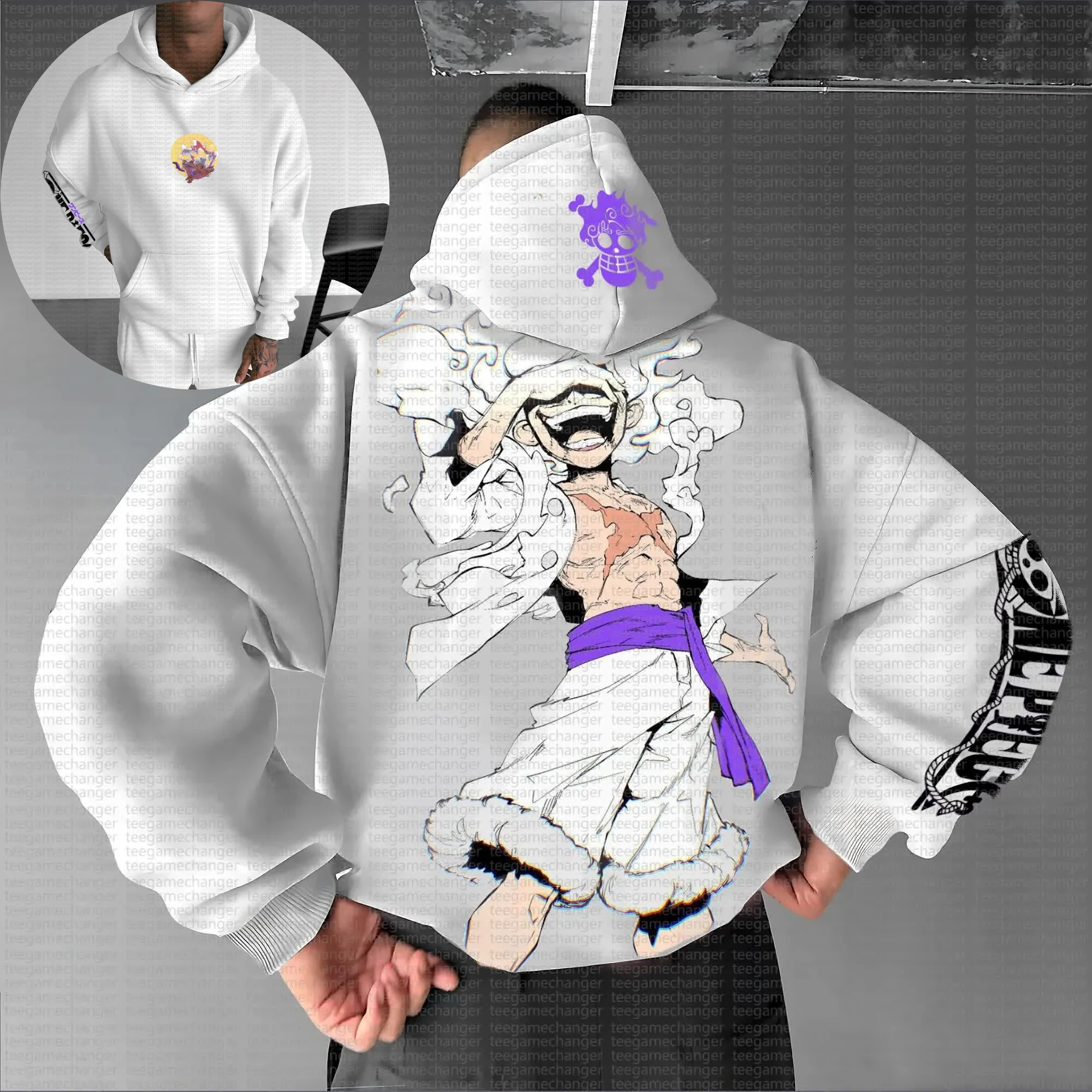 

One Piece Luffy Gear 5 Nika Sun God Белая толстовка с капюшоном для мужчин Аниме с принтом на спине Хлопок Повседневная одежда с длинным рукавом Осень Зима Уличная мода