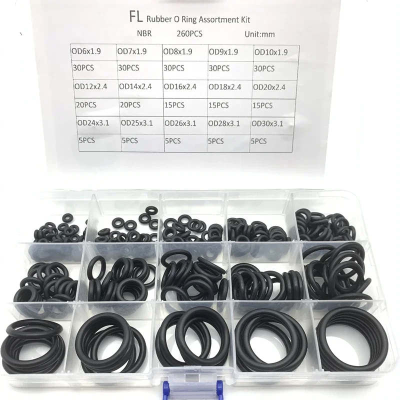 

260 Pcs/Box Black Rubber O Ring Assortment Washer Gasket Sealing O-Ring Kit 15 Sizes with Plastic Box Rubber Plug Silicon Ring