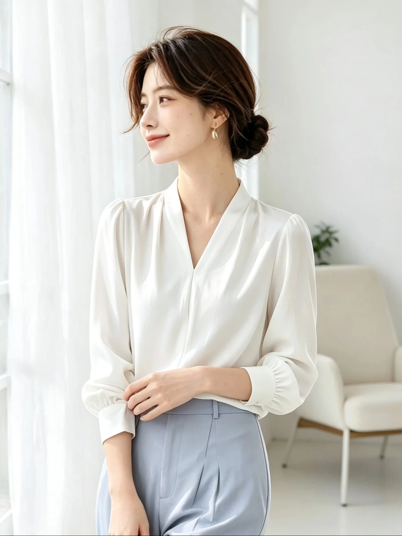 Women's Chiffon Shirt V-neck Pleated Versatile Elegant Top Spring Autumn 2026 New Style Soft Silk Long Sleeve Casual Wear