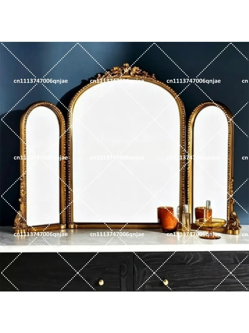 French Retro Tri-fold Mirror European Carved Vanity Bedroom Desktop Home Folding Three-sided Mirror