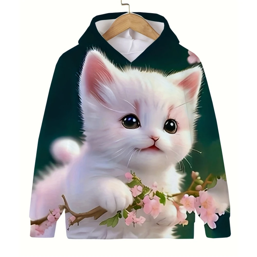 Kids Hoodies Girls Clothes Long Sleeve 3D Cartoon Cat Print Children Spring Fall Clothes Casual Cute Girl Clothes Pullover Tops