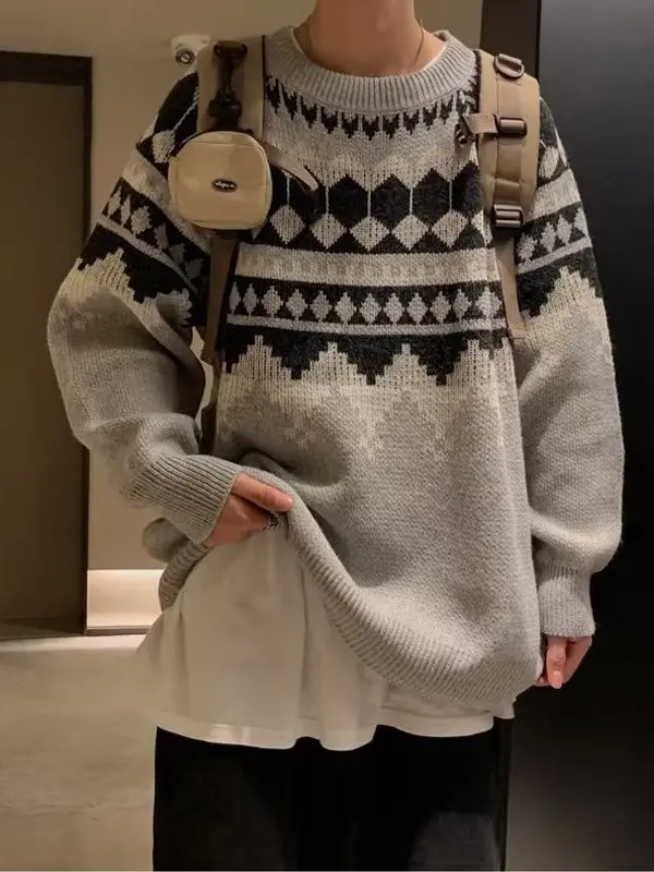 

Loose Fit Men's round Ne Knitwear Diamond Patterned Base Layer Sweater Autumn Faion Student Sle Casual Long Sve Top