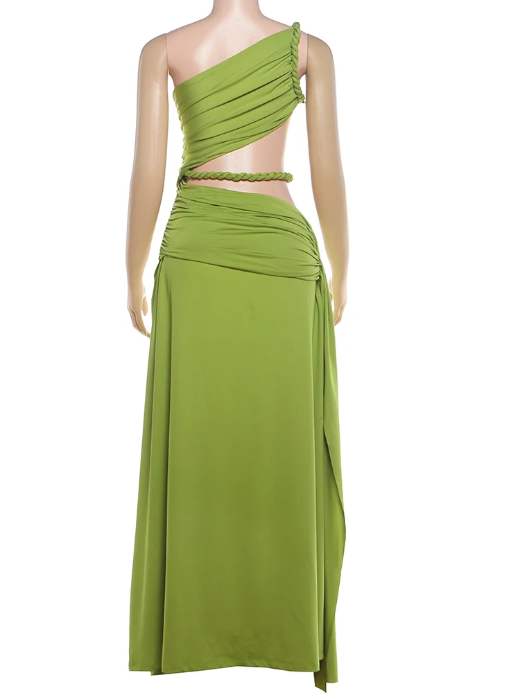 Sisterlinda Rope Patchwork Modekleid für Damen, sexy, hohler, schräger Kragen, gerüschtes Band, ärmellos, elegant, für Urlaub, Party, figurbetont – Detail 5