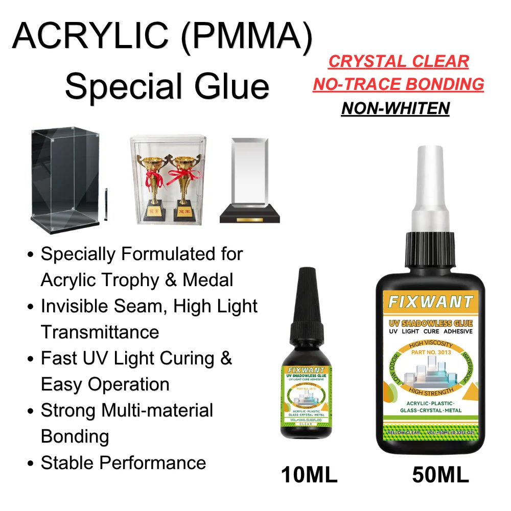 Special UV Glue for Acrylic No‑Whitening No‑Trace Ultraviolet Adhesive for Trophy Medal Display Stand Crafts Glass Crystal Metal