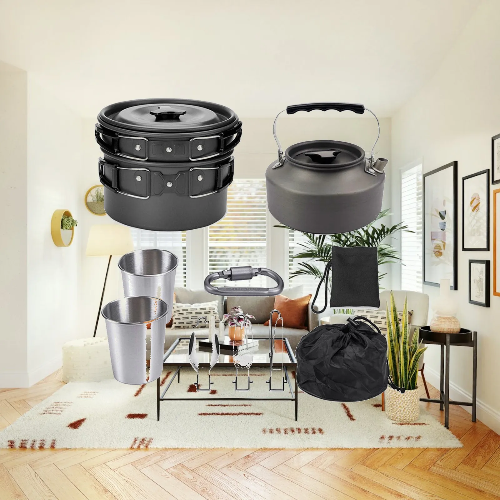 Non-stick Lightweight Pot Camping Cookware 2 Kettle Knives Pan Cookset Includes Cookware 4 Dishes Mess Kit for Spoons
