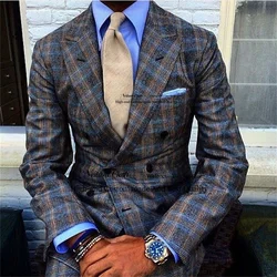 Fashion 2 Pcs Set Male Prom Blazers Business Peaked Lapel Groom Wedding Tuxedos For Men Plaid Double Breasted Costume Homme