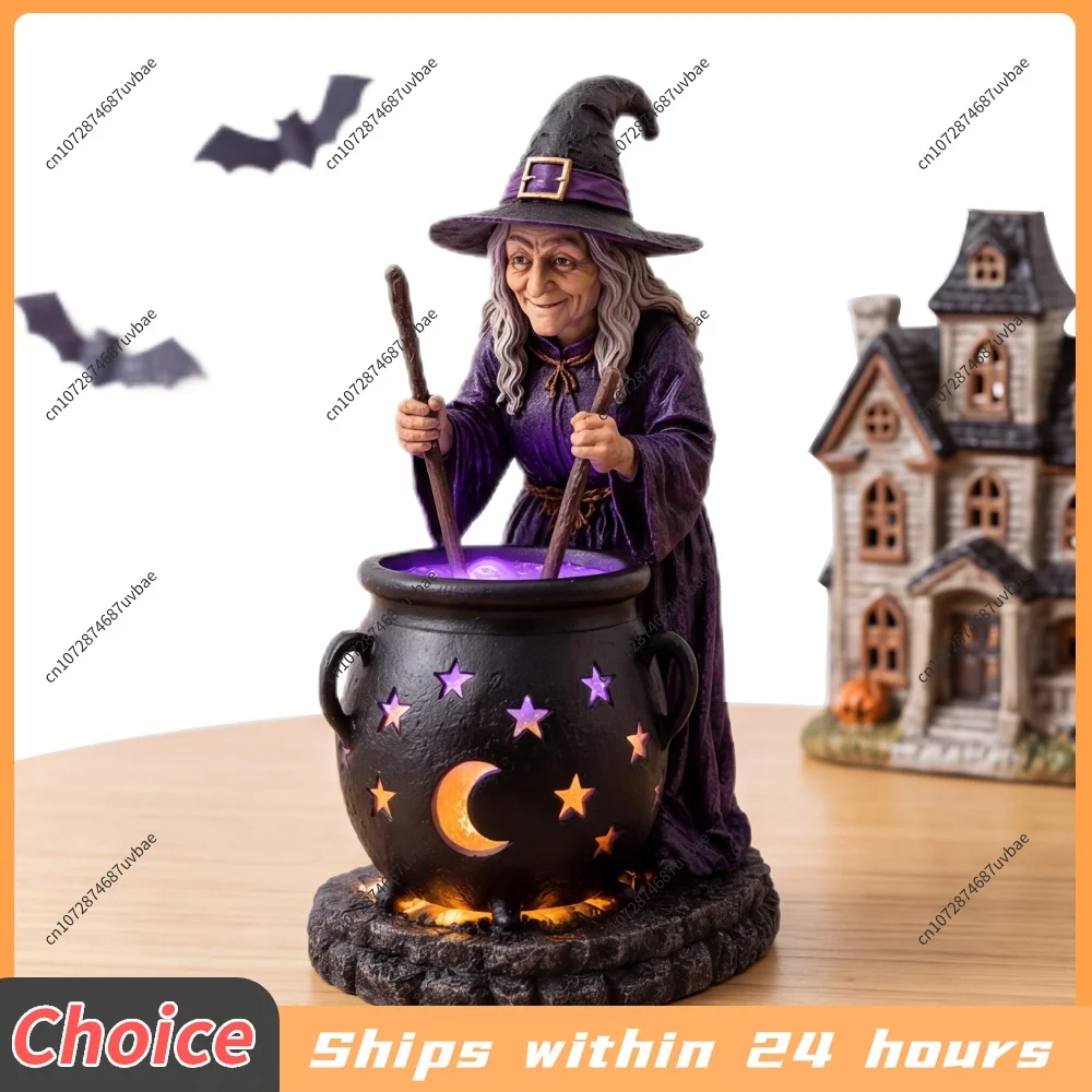 Solar Powered Halloween Witch Cauldron Garden Light Resin Figurine Outdoor Decor Glowing Stars Moon Yard