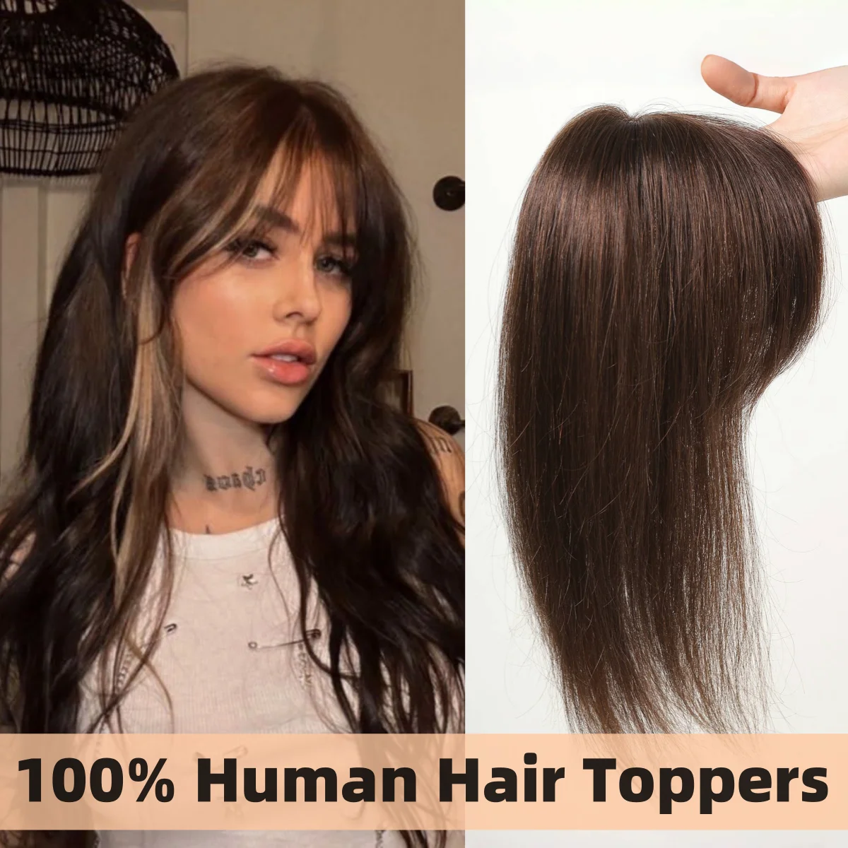 Human Hair Toppers 12 Inch Brown Natural Clip in Hair Extensions with Bangs Silk Base Hair Toppers for Women with Thinning Hair