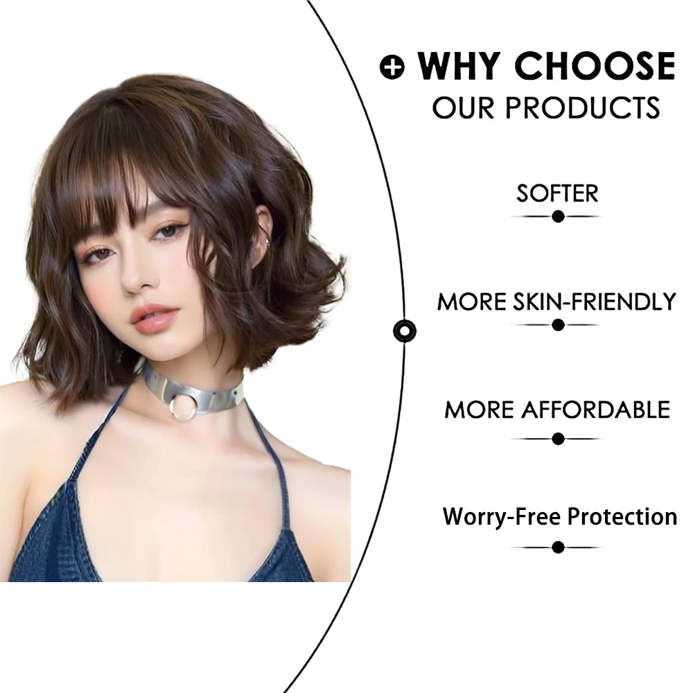 باروكة صناعية قصيرة مجعدة مقاس 12 بوصة باللون الأسود والبني مع غرة مناسبة للعب الأدوار اليومية للحفلات النسائية كشعر مستعار رقيق