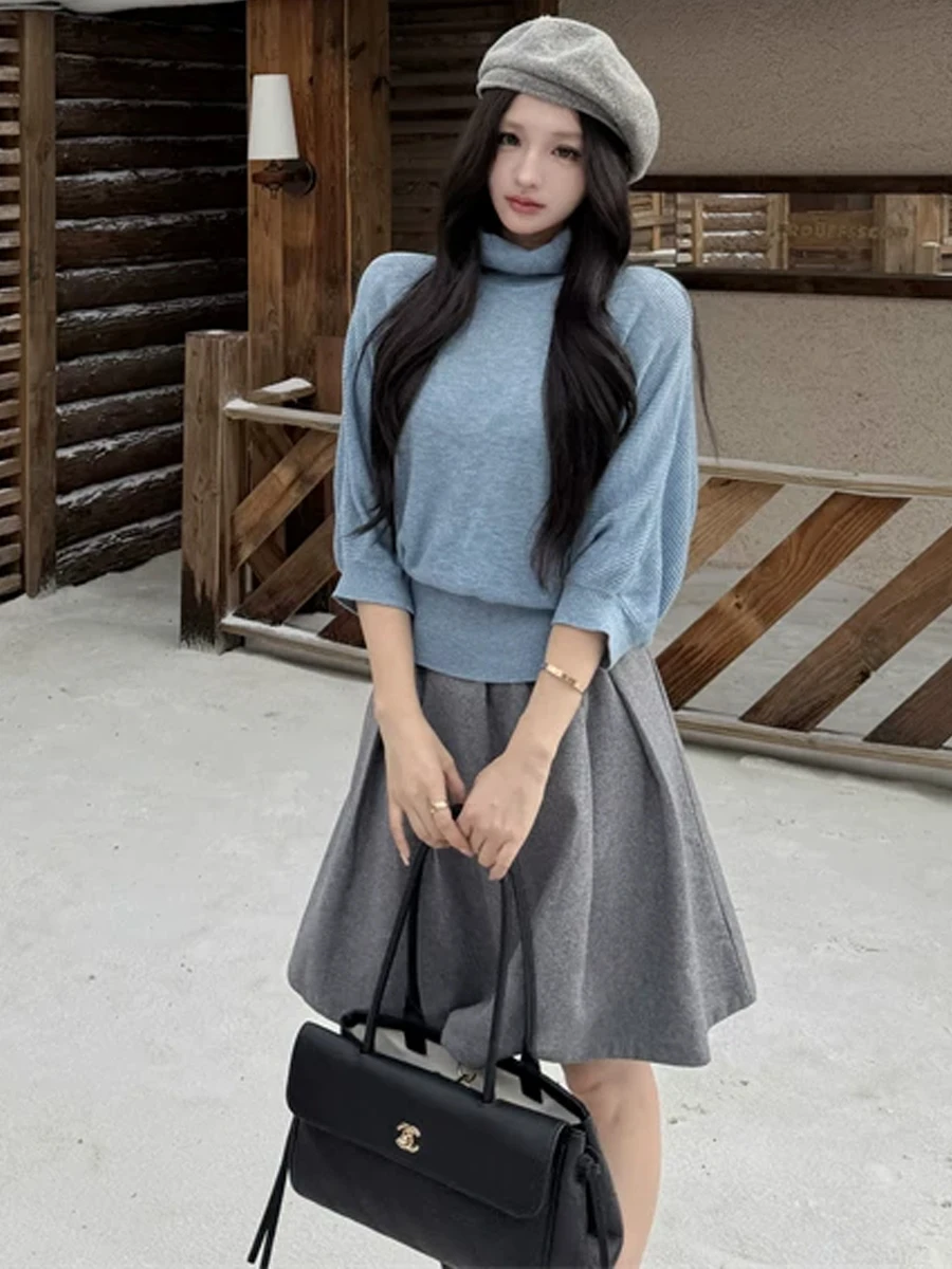 Autumn Winter New Style Girl's High Neck Seven Sleeve Soft Knitted Slim Fit Top High Waist Versatile  Skirt Set